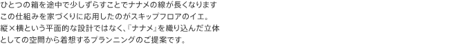 ひとつの箱を途中で少しずらすことでナナメの線が長くなりますこの仕組みを家づくりに応用したのがランドメイドシステム。縦×横という平面的な設計ではなく、『ナナメ』を織り込んだ立体としての空間から着想するプランニングのご提案です。
